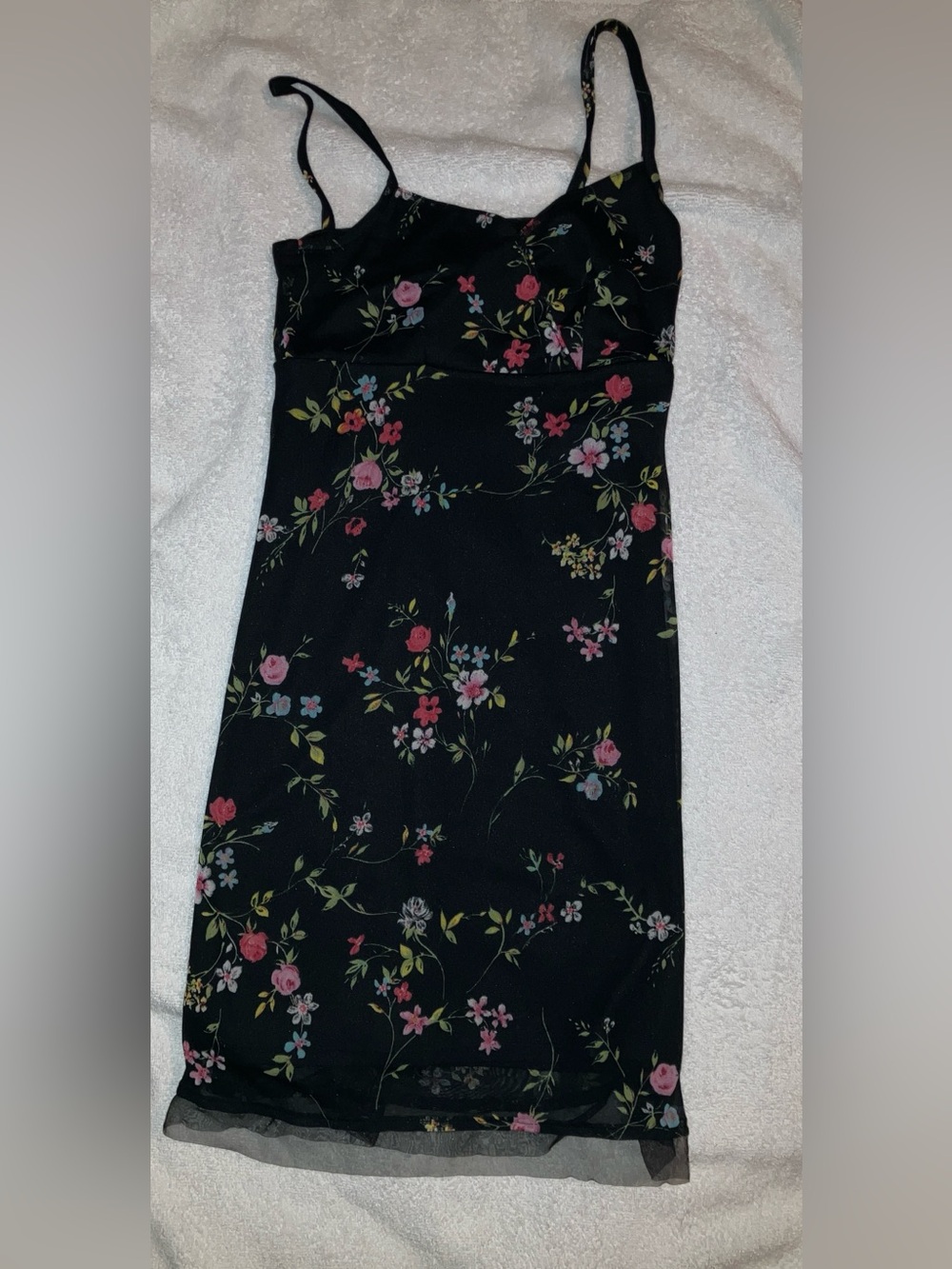 Vintage Y2K My Michelle Black Midi Slip Skirt with Pink & Green Floral Print